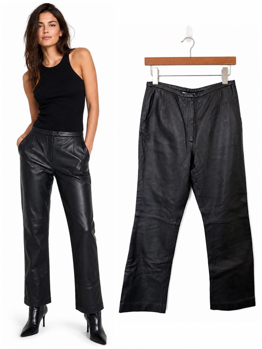 Vintage Lord & Taylor Black Leather Pants 6P Straight Leg 90s Minimalist